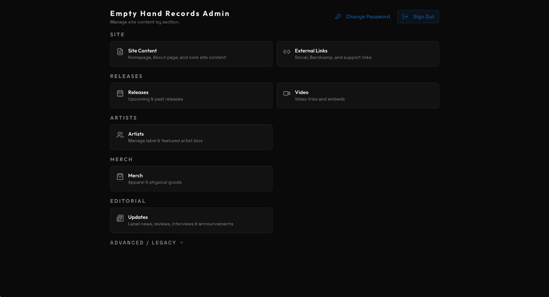 Empty Hand Records admin dashboard with Site Content, External Links, Releases, Video, Artists, Merch, and Updates sections
