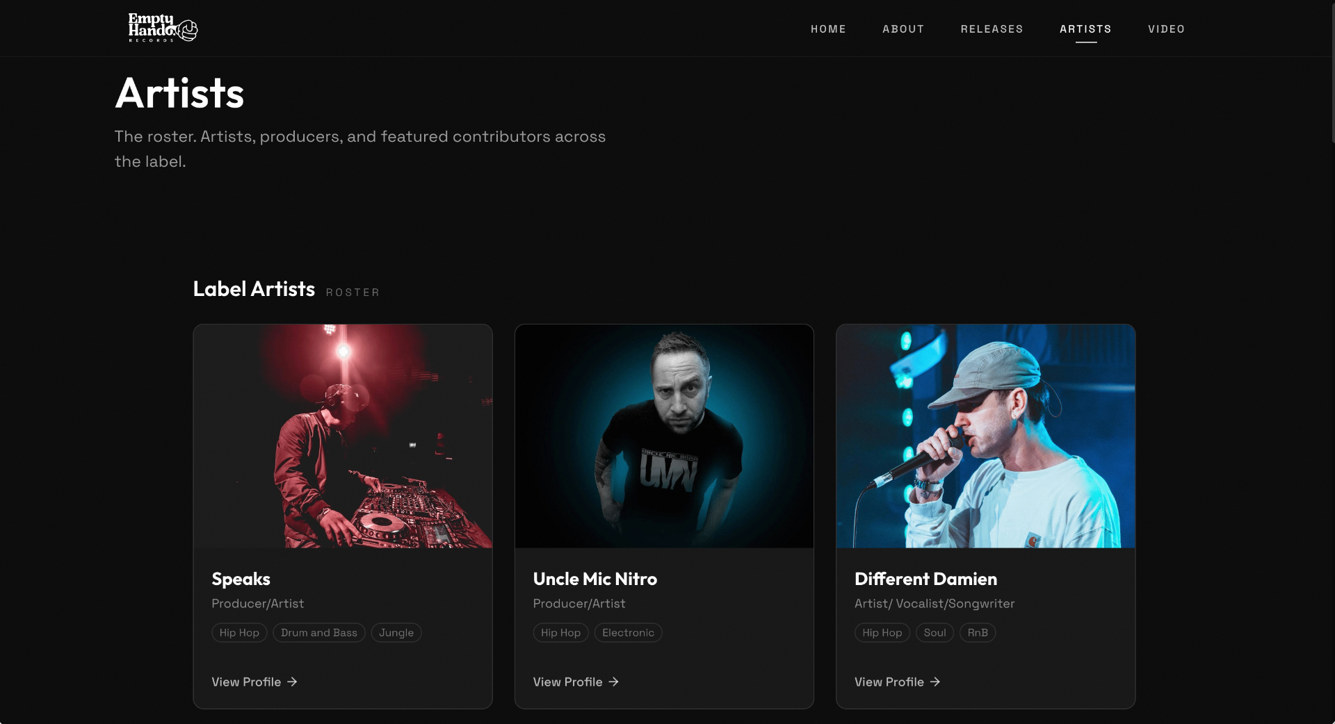 Empty Hand Records artists roster page showing label artists with editorial profile cards