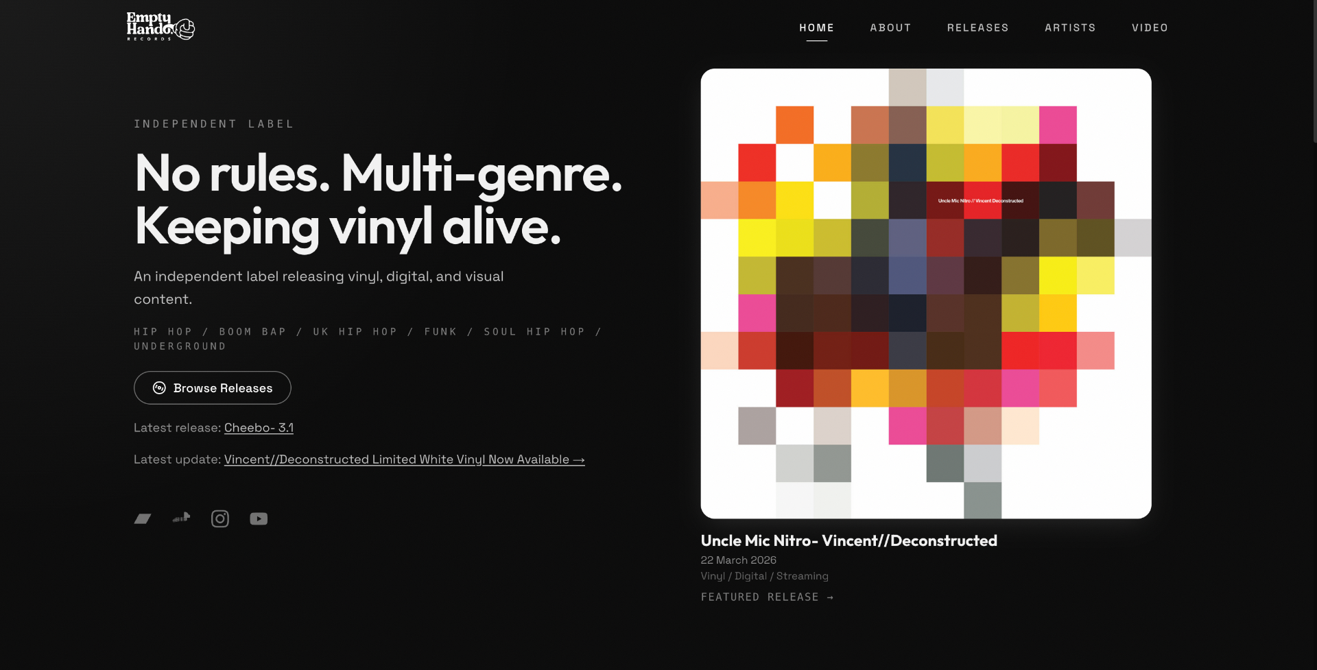 Empty Hand Records homepage showing label brand, multi-genre identity, and release navigation