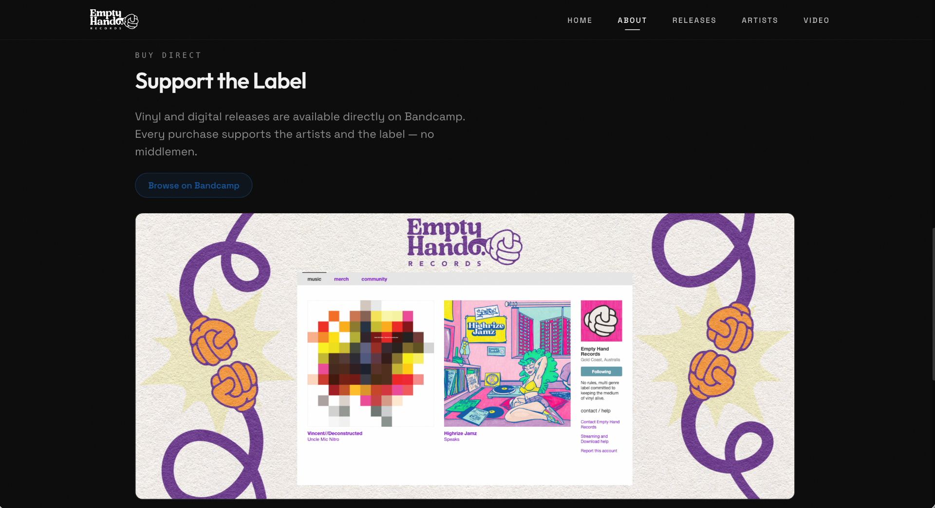 Empty Hand Records release detail page showing catalog number, format, pricing, Bandcamp link, and listening links