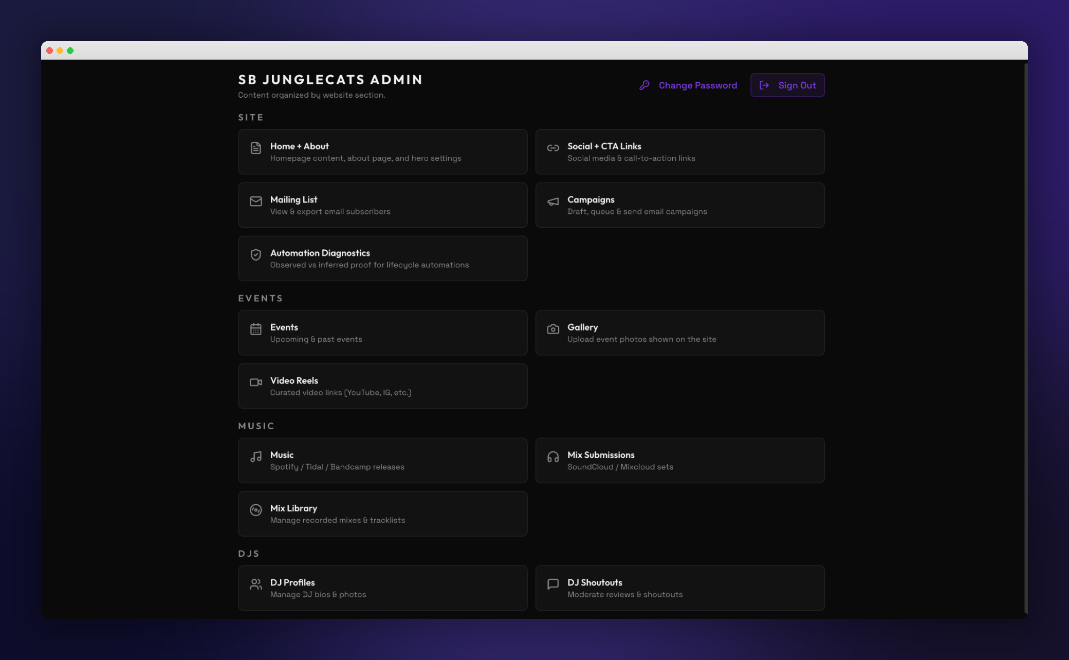 JungleCats admin control panel showing 14 CMS sections across site, events, music, and DJ management