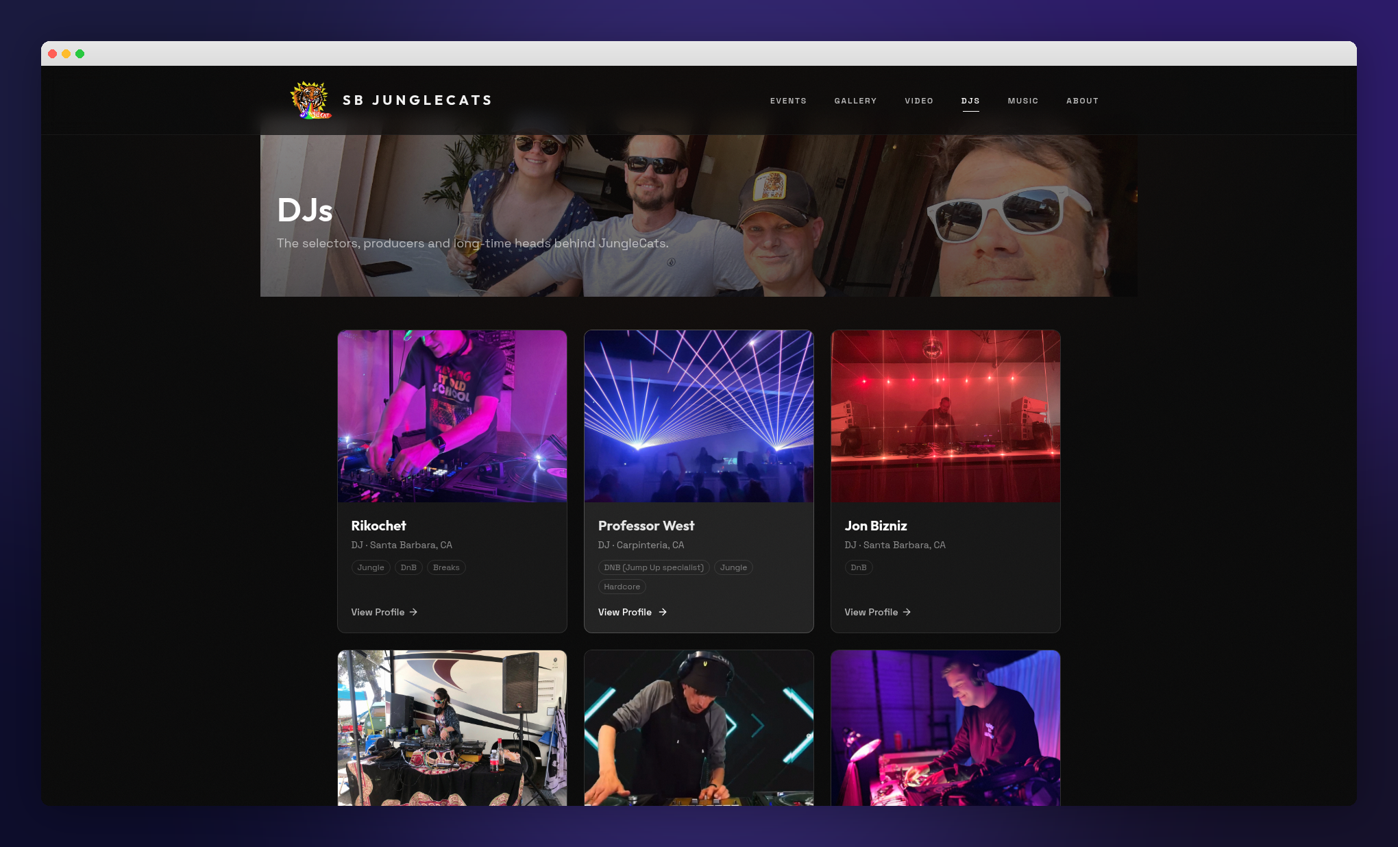 JungleCats DJs page showing profile cards, genre tags, location data, and CMS-driven artist content