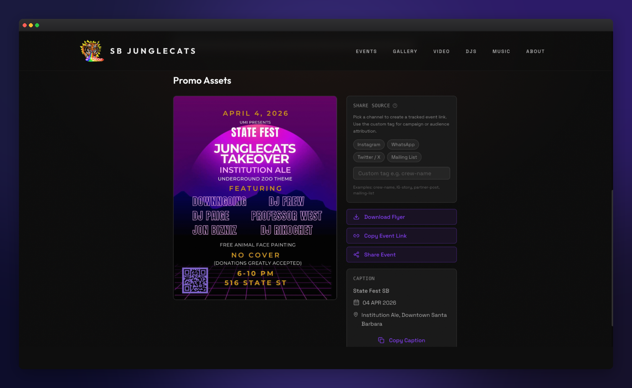 JungleCats promo assets page showing event flyer, tracked share links, caption tools, and campaign attribution workflow